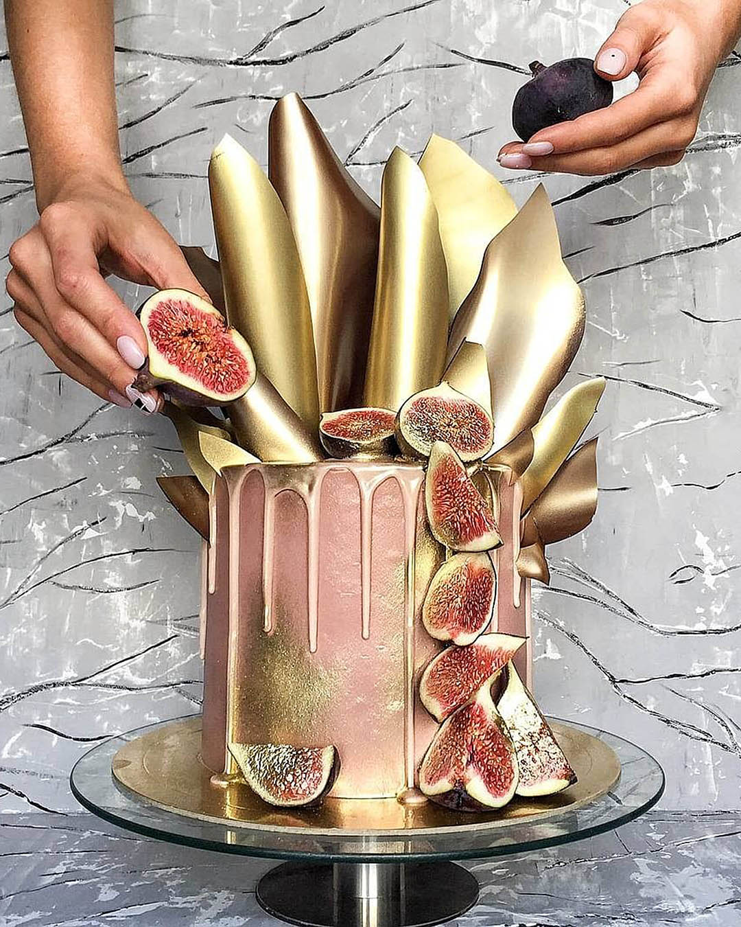 drip wedding cakes pink with golden blush elements and guava