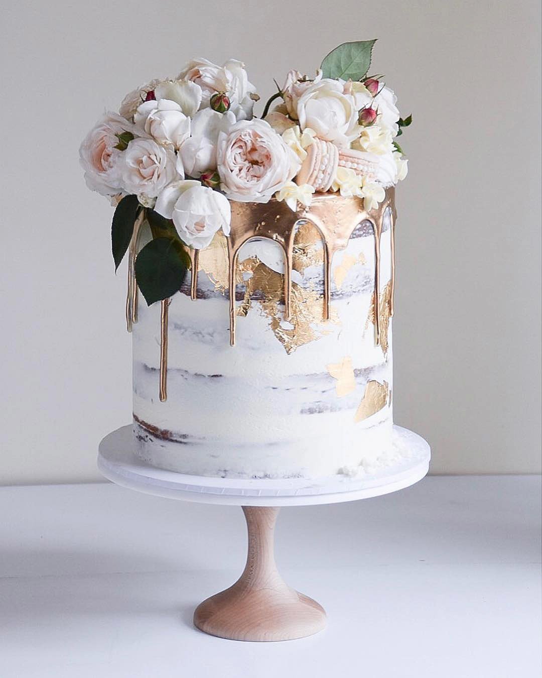 drip wedding cakes small white naked with flowers gentle gold