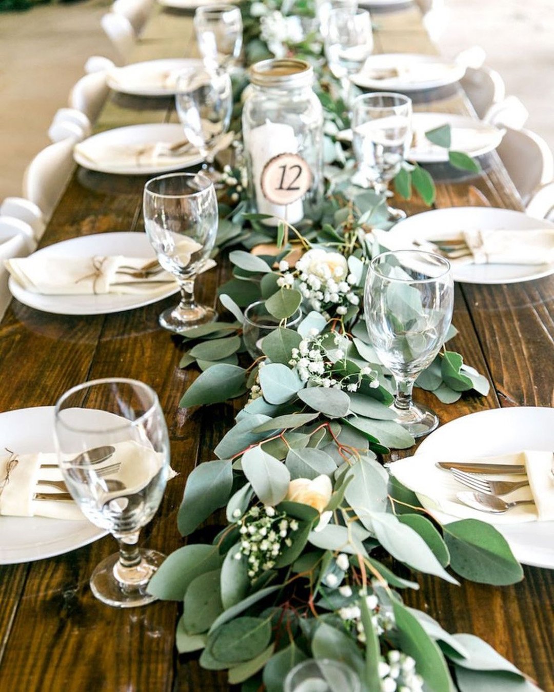 greenery wedding decor rustic tablerunner baby breath white roses rabecca_cruz_photography