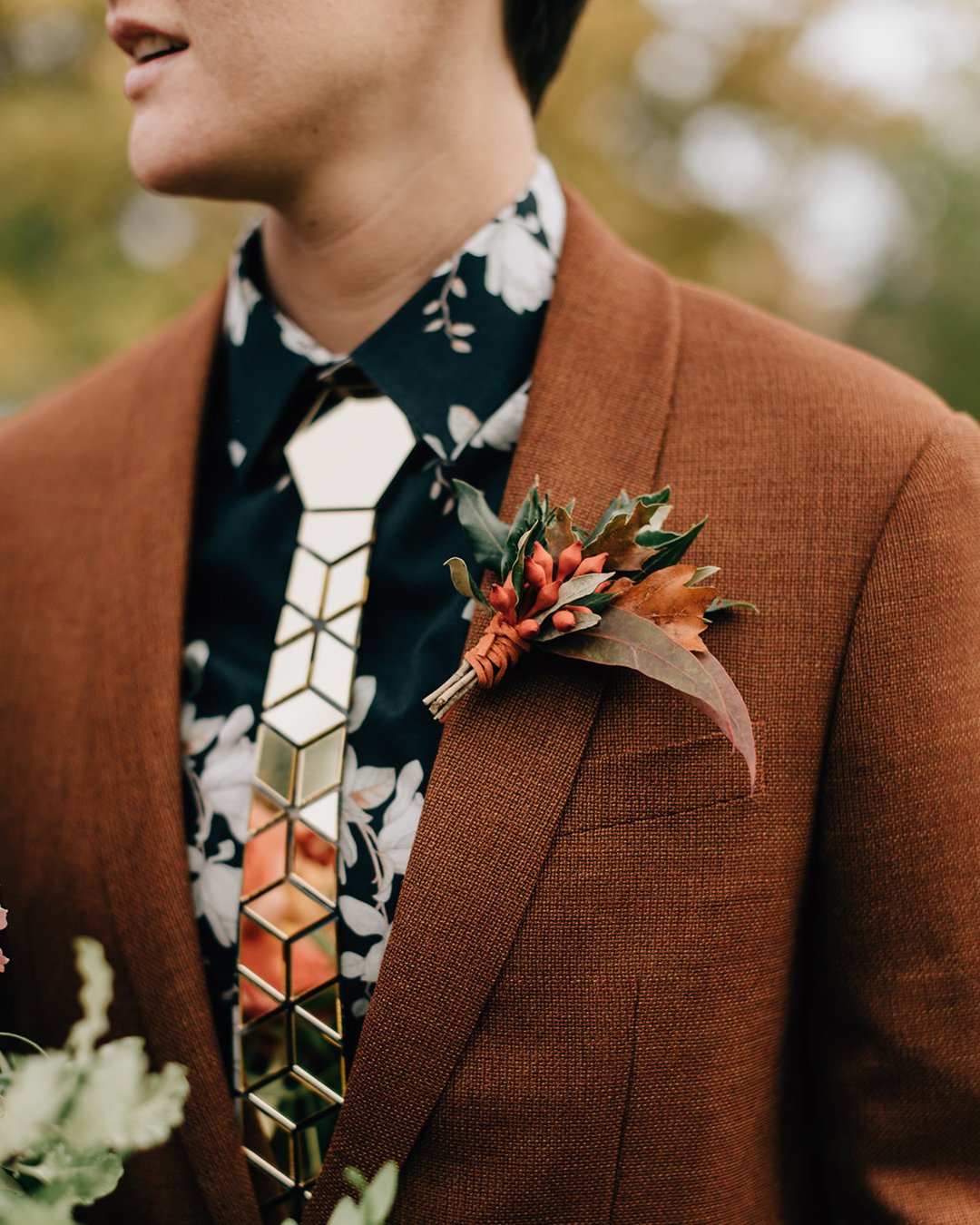 rustic groom attire brown jacket with bouttoniere sarah mik wWedding
