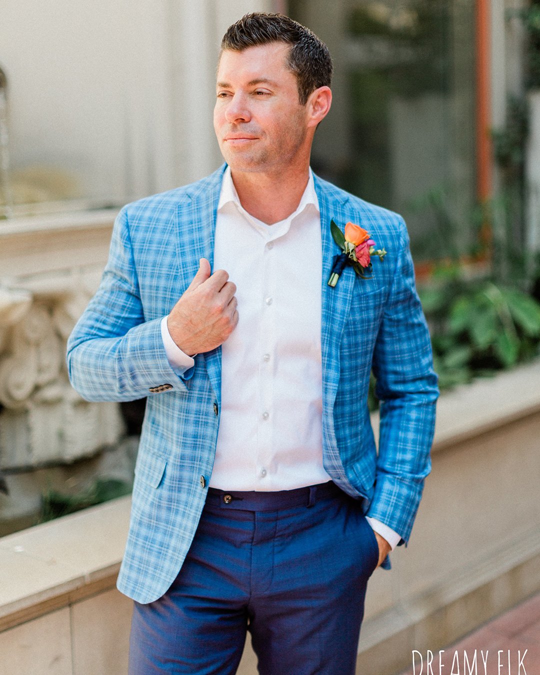 rustic groom attire plaid jacket with boutonniere dreamyelk
