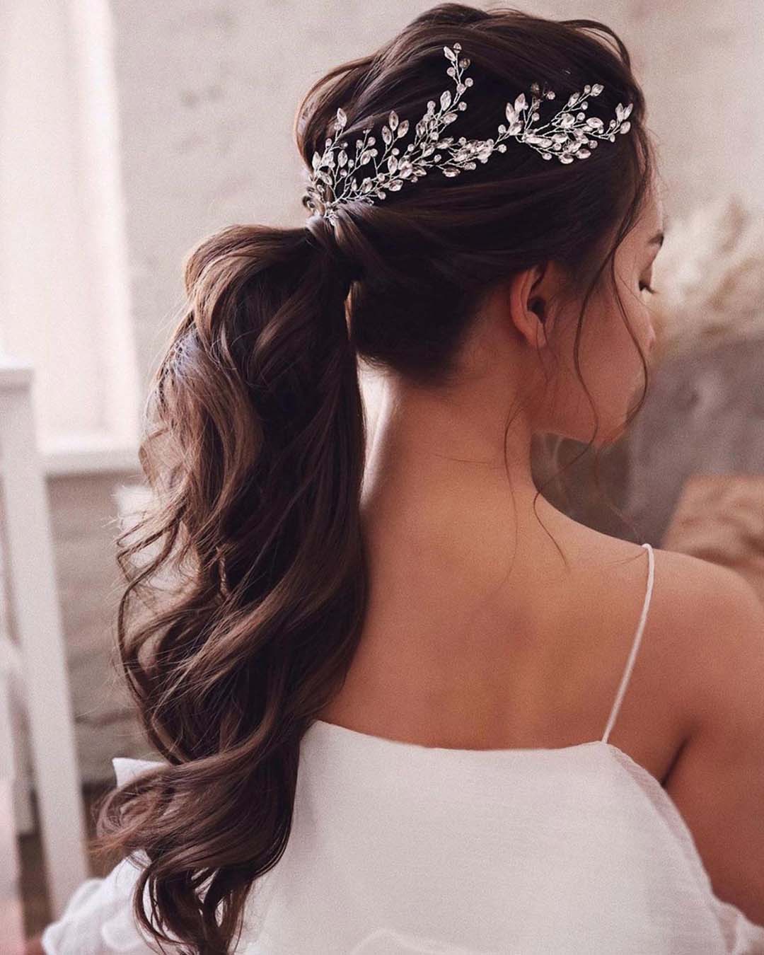 wedding hair accessories curly ponytail with side crystal halo ulyana.aster