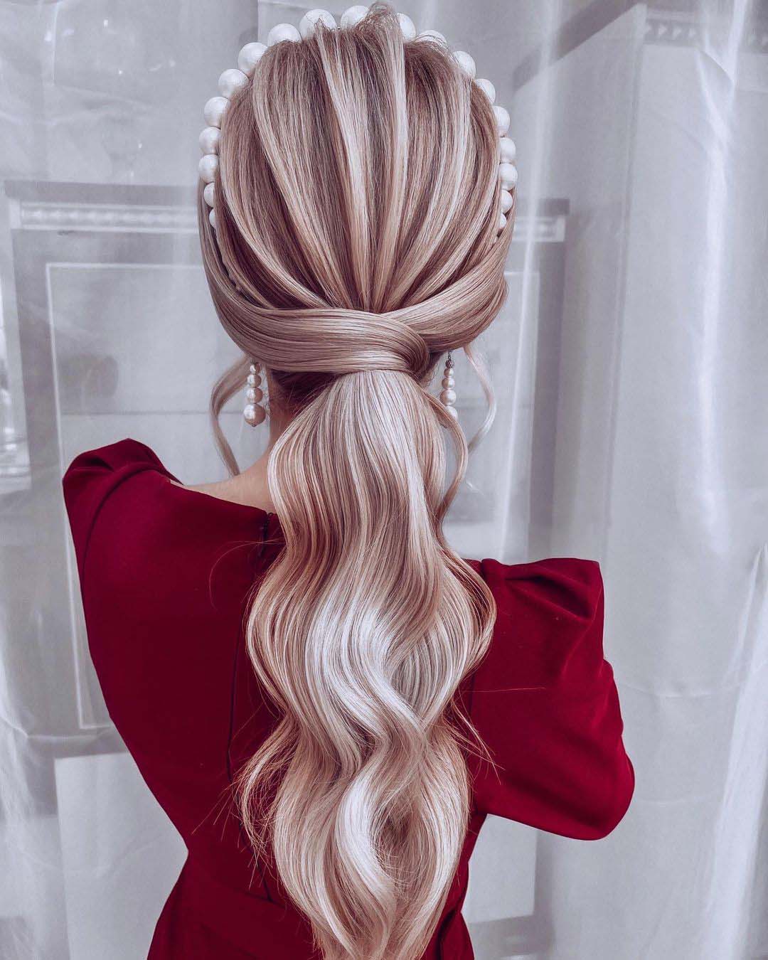 wedding hair accessories elegant wavy long ponytail with pearls olga_nikiforova_hair