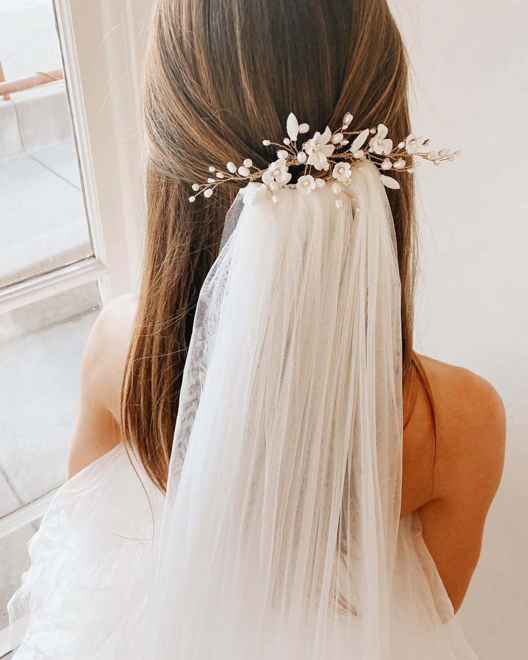 wedding hair accessories half up half down with veil and flower pin untamedpetals