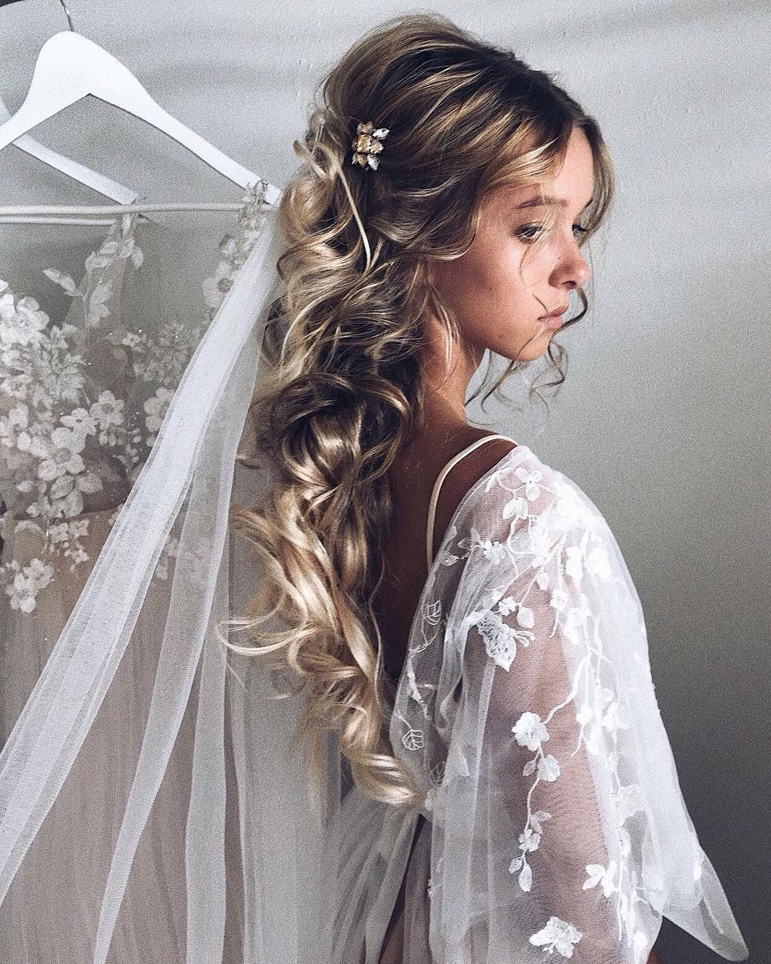 wedding hairstyles with veil curly half up side clip ulyana.aster
