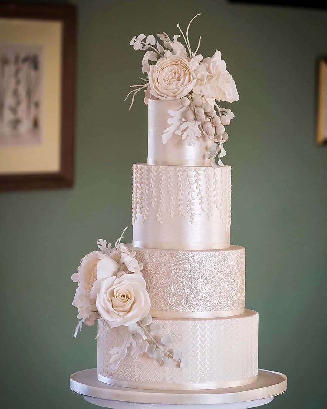 winter wedding cakes tall white pearl with roses caking_it_up