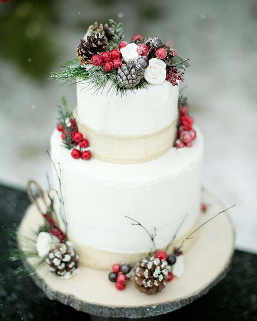 winter wedding cakes white cones and red berries sweetavenuecakery
