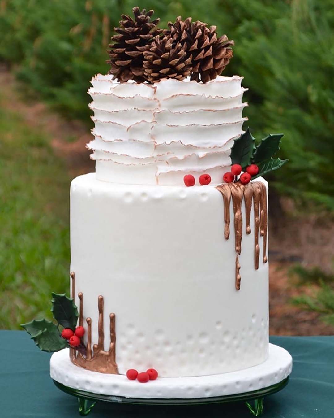 winter wedding cakes white drip with ruffles and cones cakecake_ga