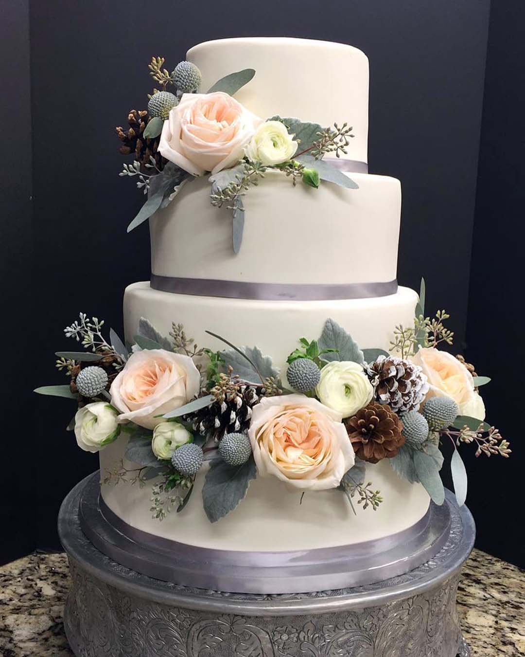 winter wedding cakes white grey with dusty pink roses and cones dream_cakes_bylucy