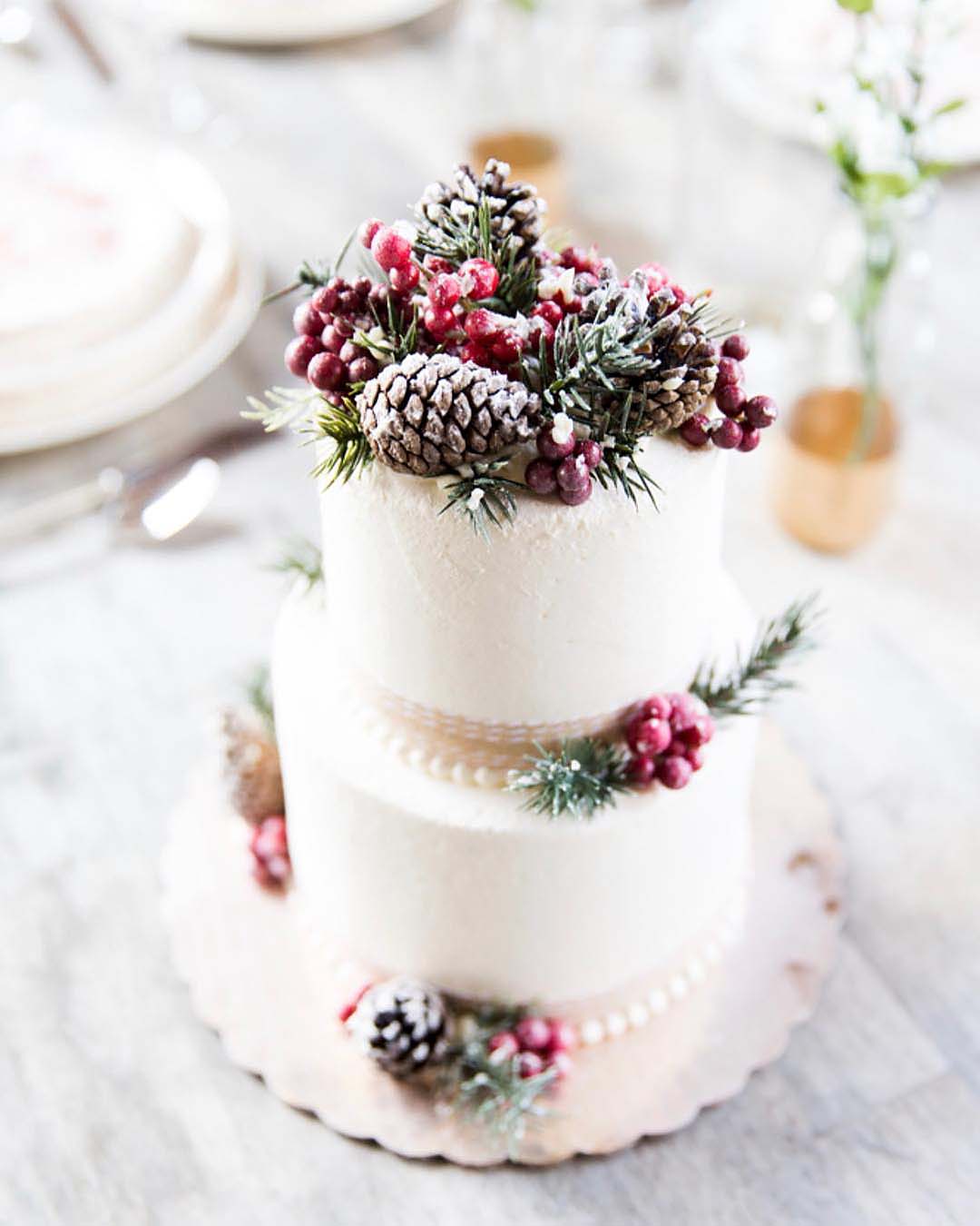 winter wedding cakes with frosty berries and cones capitalcityweddings