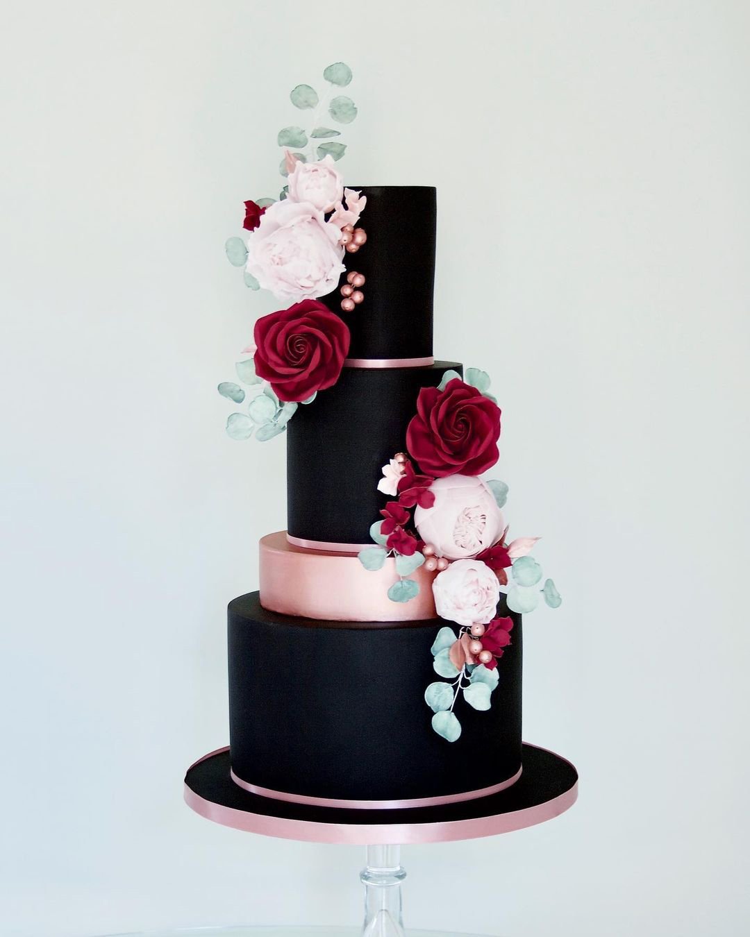 black wedding cake rustic cake red flowers thewhimsicalcakern
