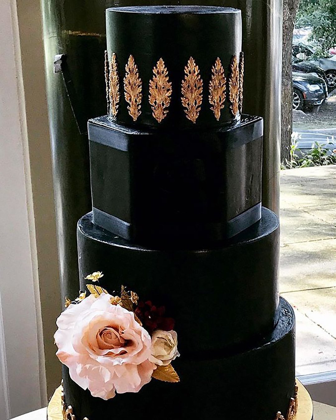 black wedding cake stylish cake with gold beautifulbitesbakeshoppe