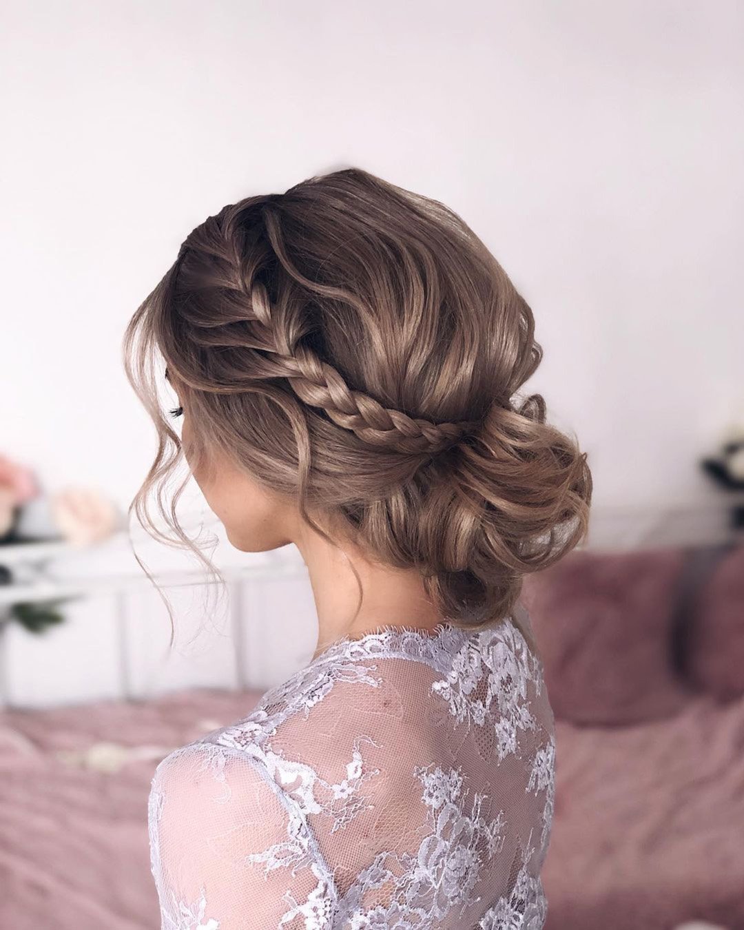 braided wedding hair low bun with braided halo shiyan_marina