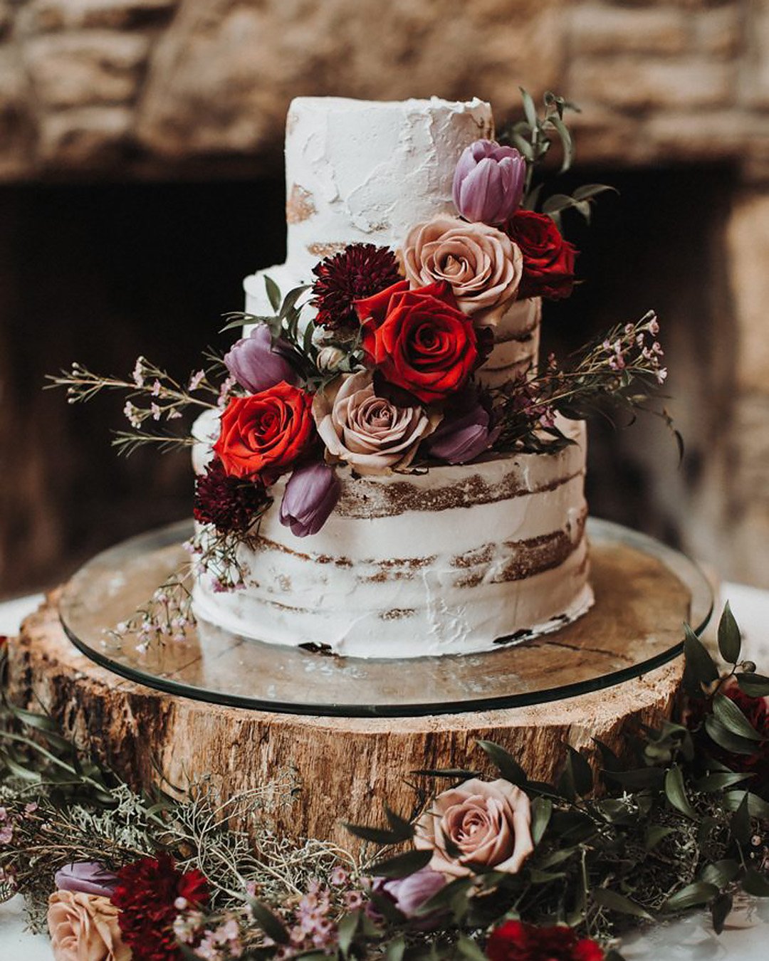 fall wedding cakes naked buttercream with roses swakphotography