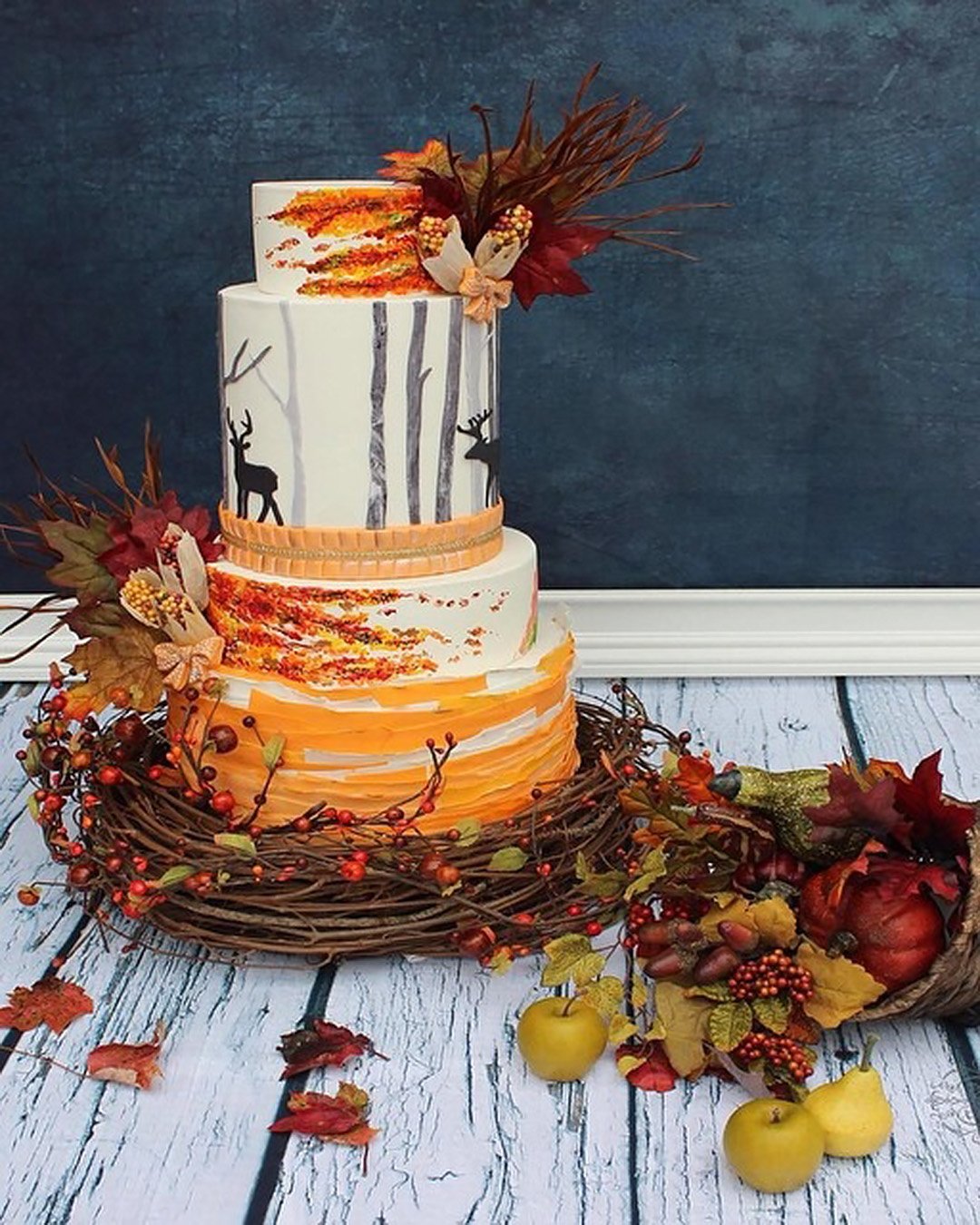 fall wedding cakes rustic white orange with deer paints _viva_la_cake