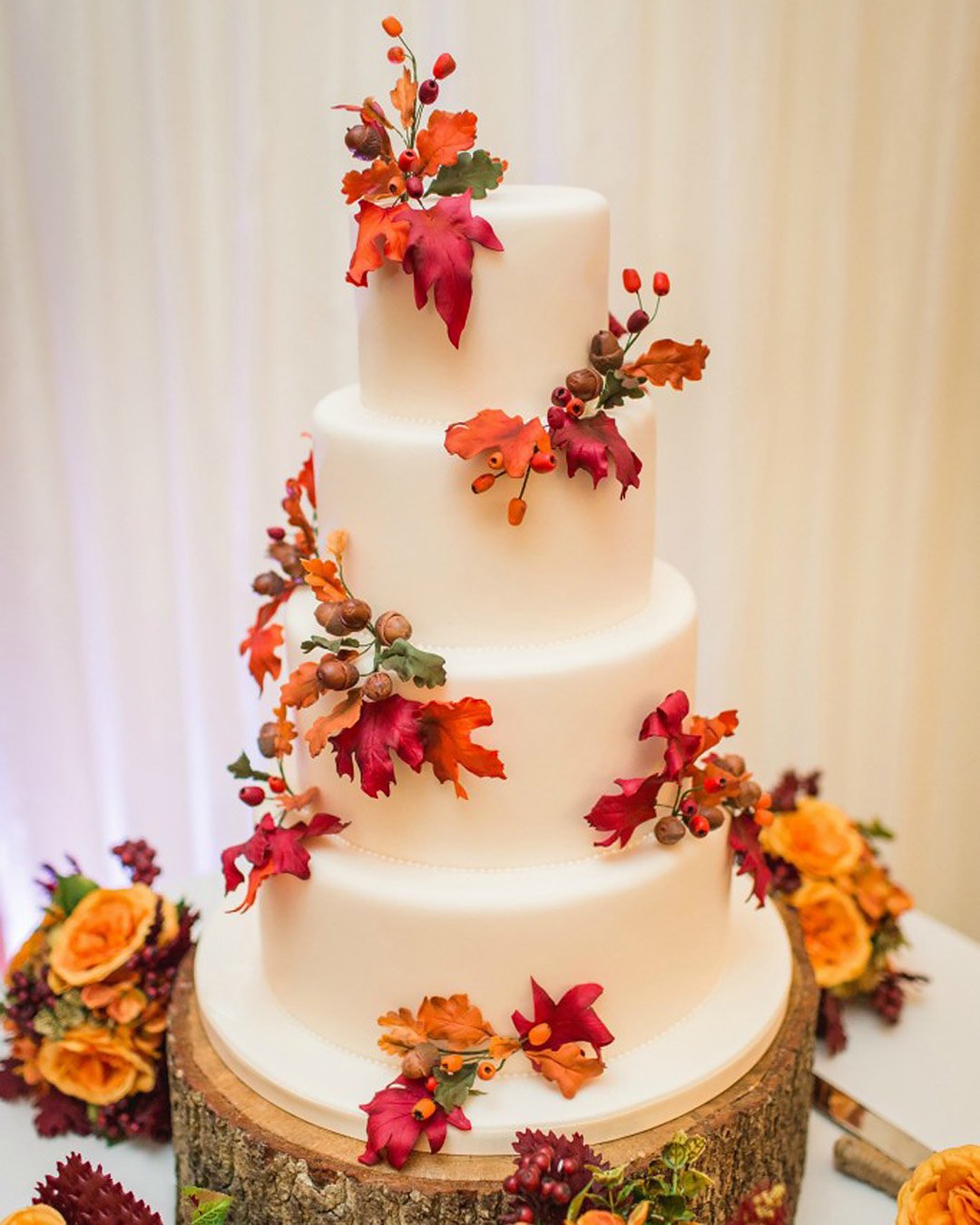 fall wedding cakes simple white with orange leaves sylviaskitchen