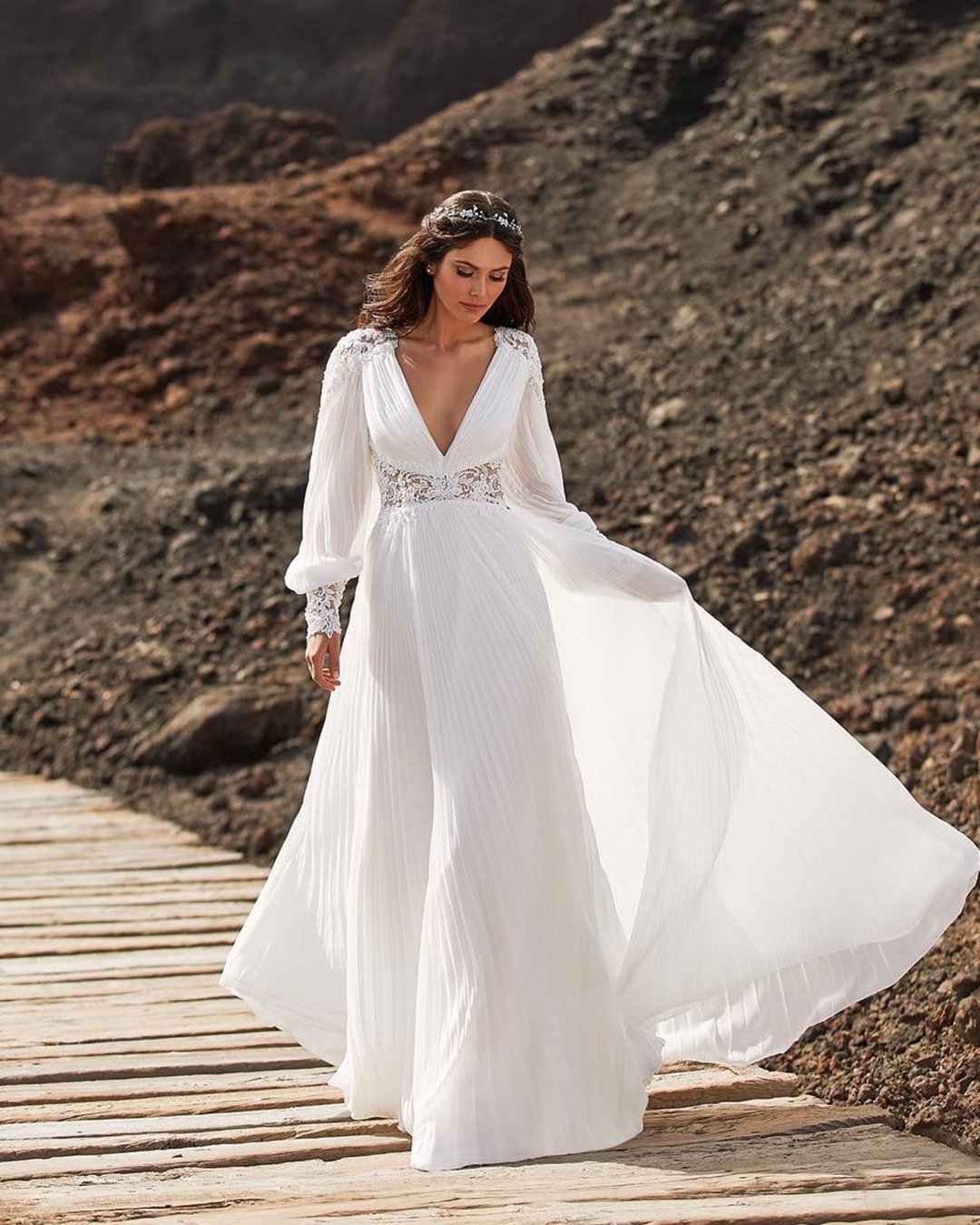 greek wedding dresses v neckline with long sleeves pronovias