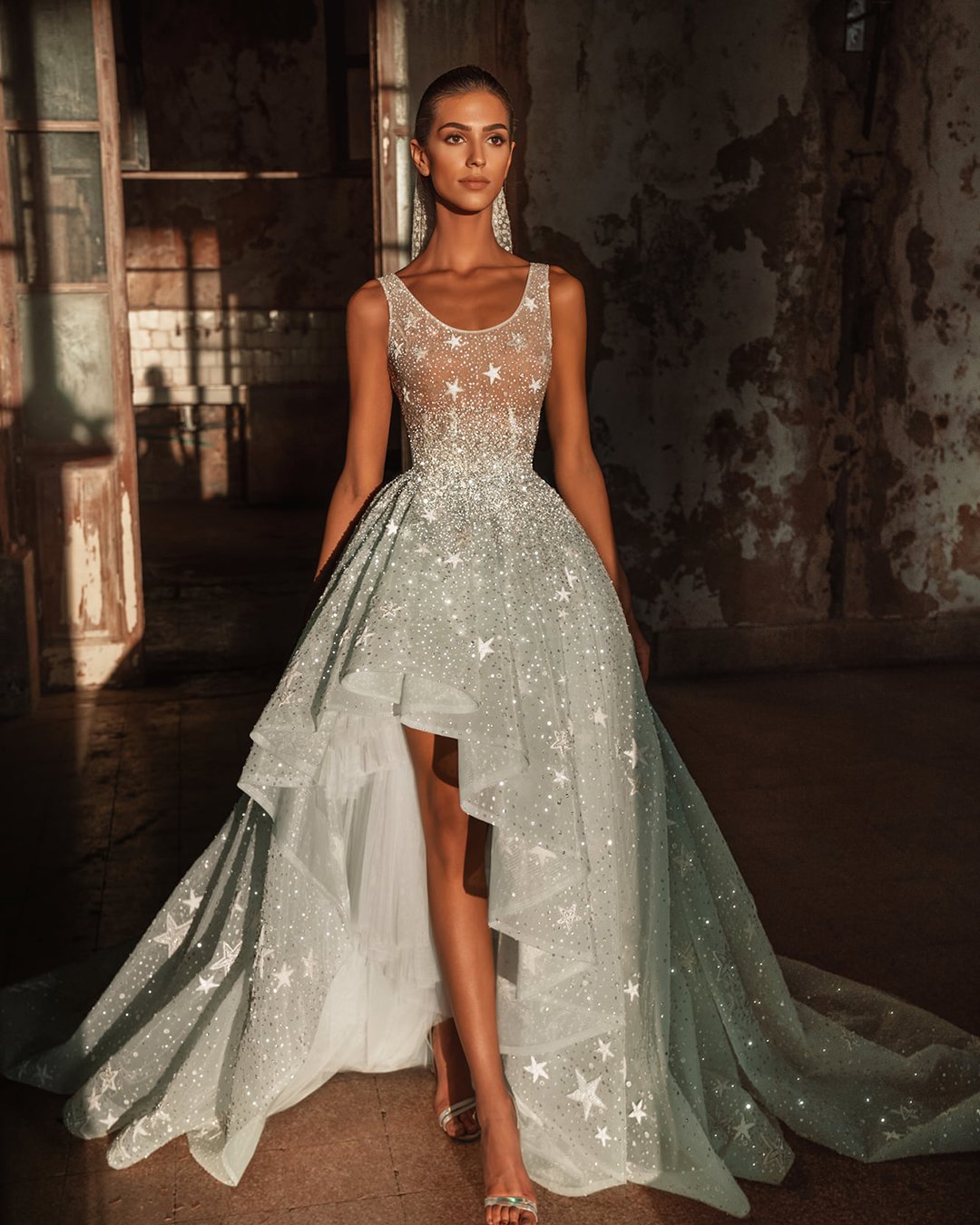 high low wedding dresses sequins stars with train said