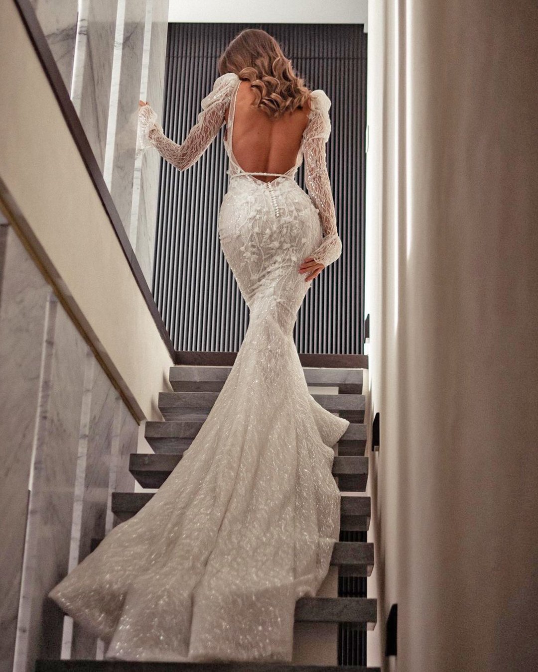 mermaid wedding dresses with long sleeves backless train pallascouture