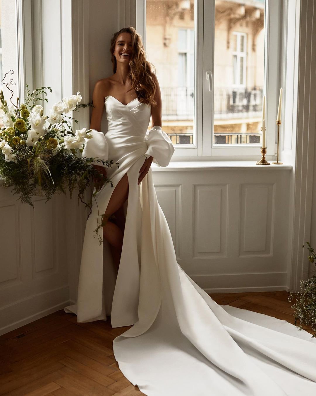 simple wedding dresses with puff sleeves strapless neckline train millanova_