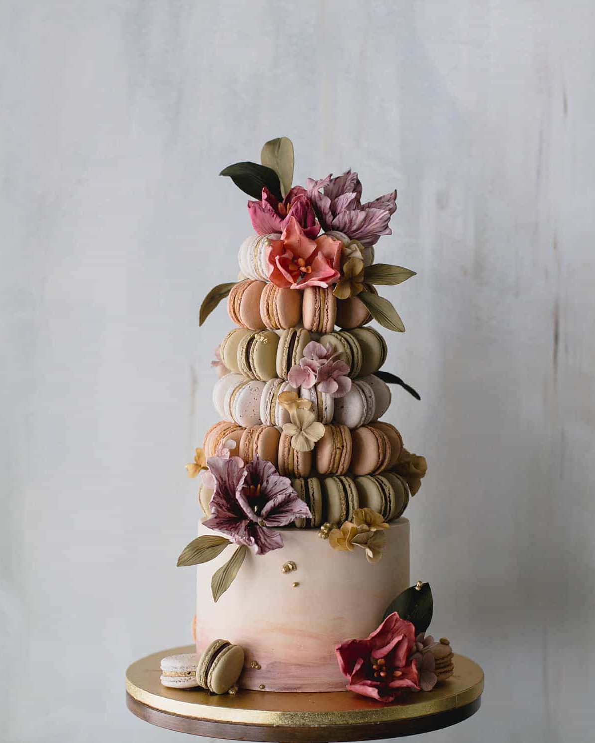 wedding cake designers dusty colors macaroon and flowers winifredkristecake