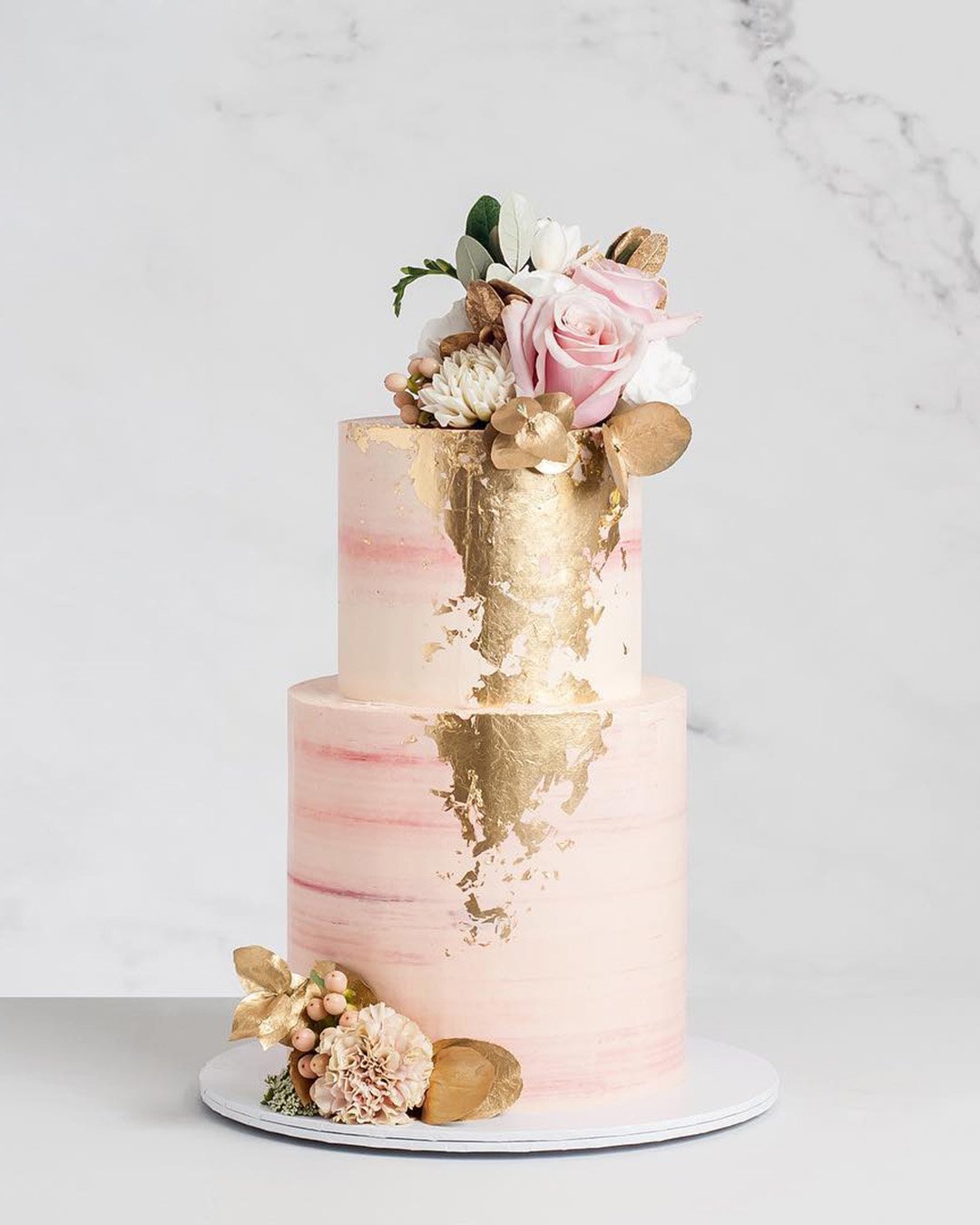 wedding cake designers pink small with foil gold and roses cake_ink