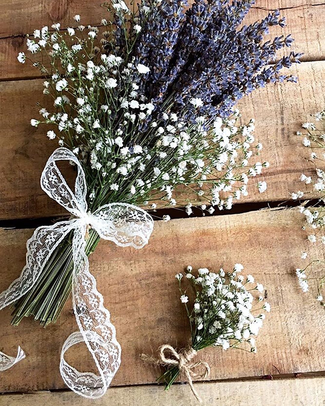 wildflower wedding bouquets rustic lavender and baby breath with white lace ribb