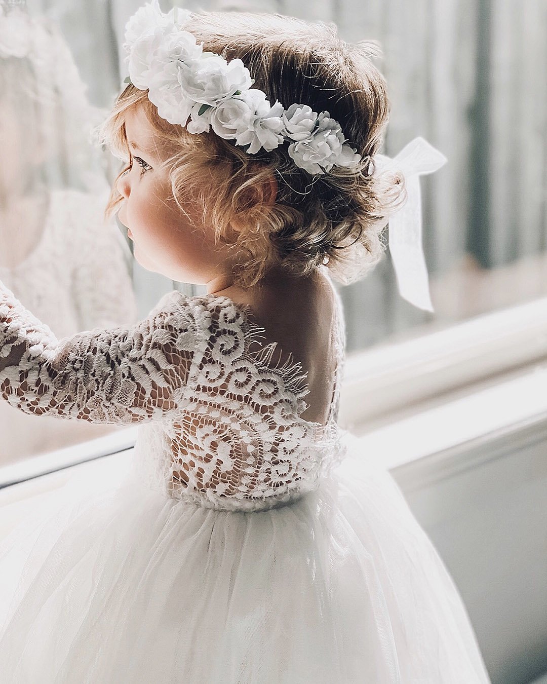 flower girl soft lace white dress