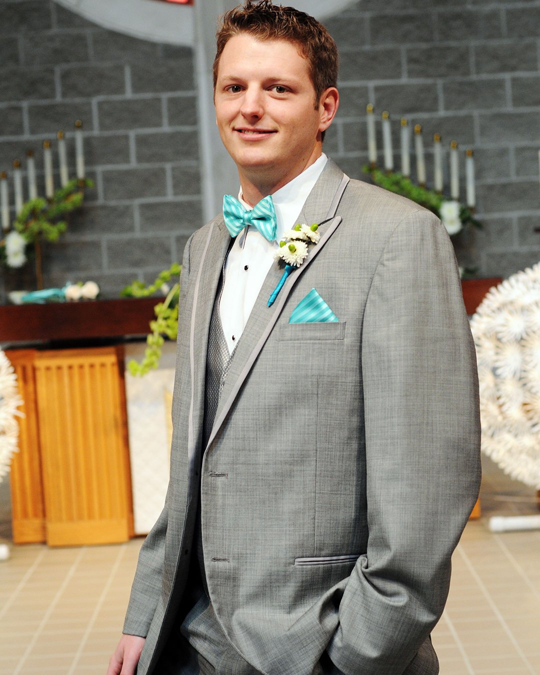 groomsmen attire bow tie turguoise grey jacket erin hession