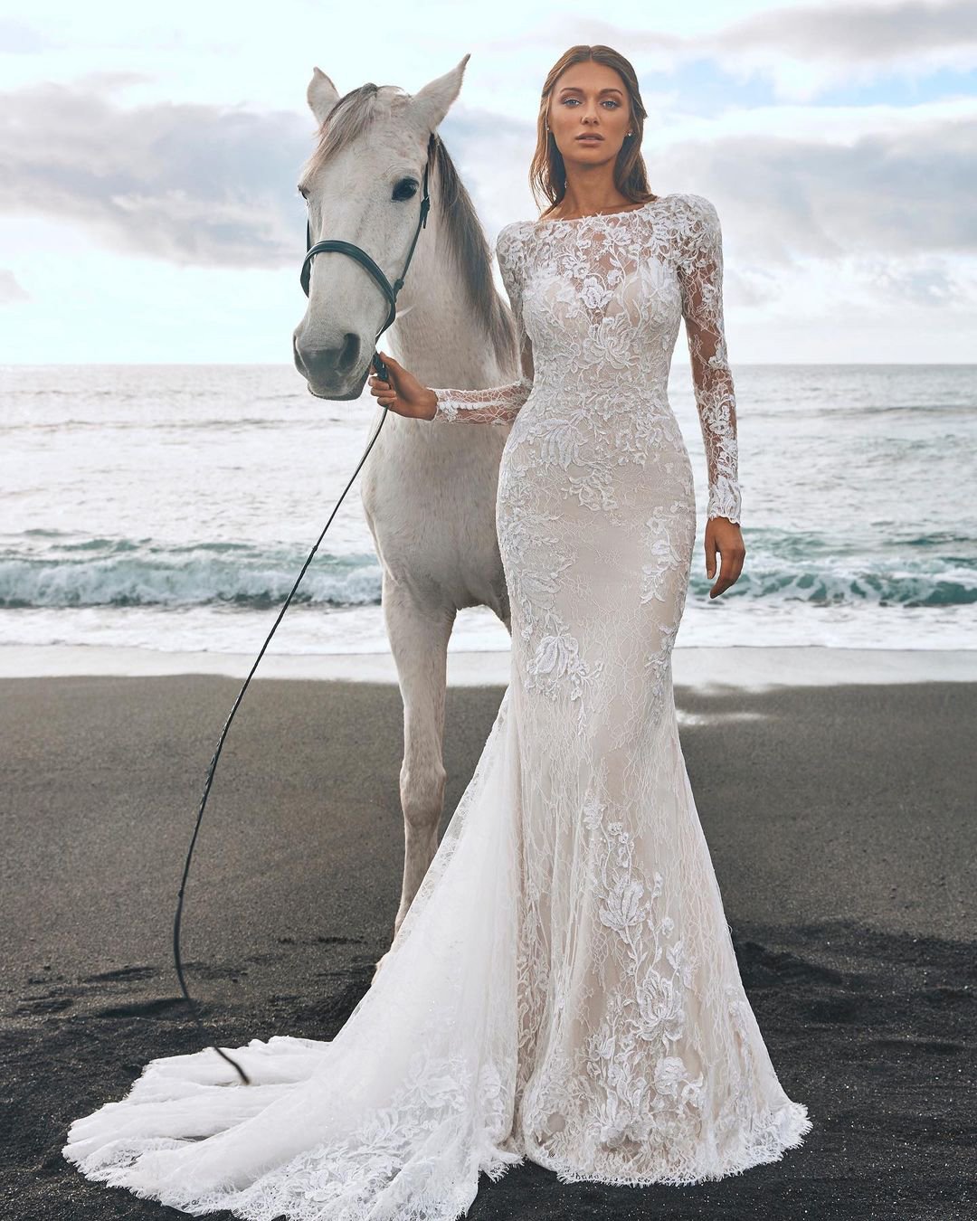 long sleeve wedding dresses trumpet full lace train beach pronovias
