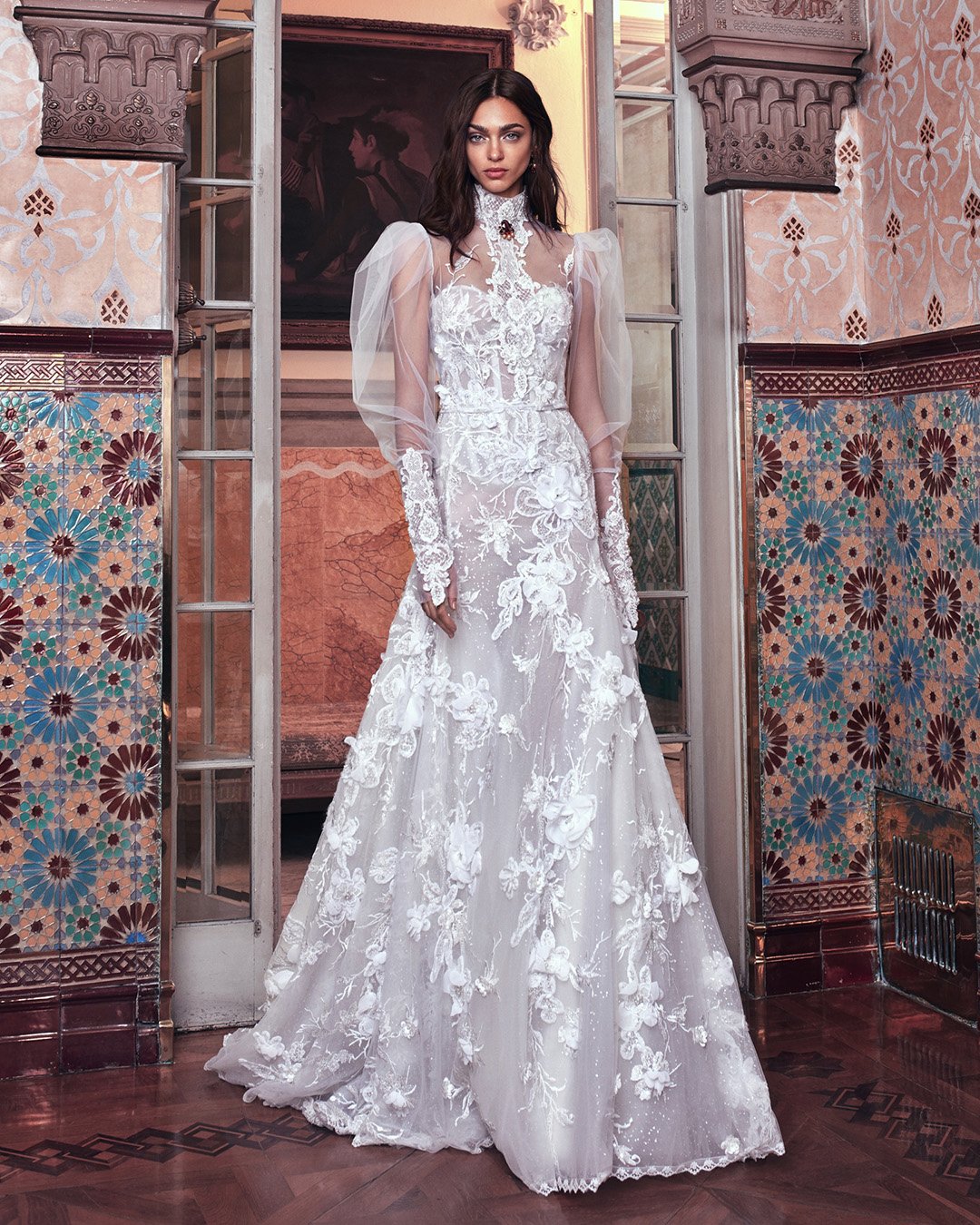 victorian wedding dresses high neck with puff sleeves lace modern galia lahav