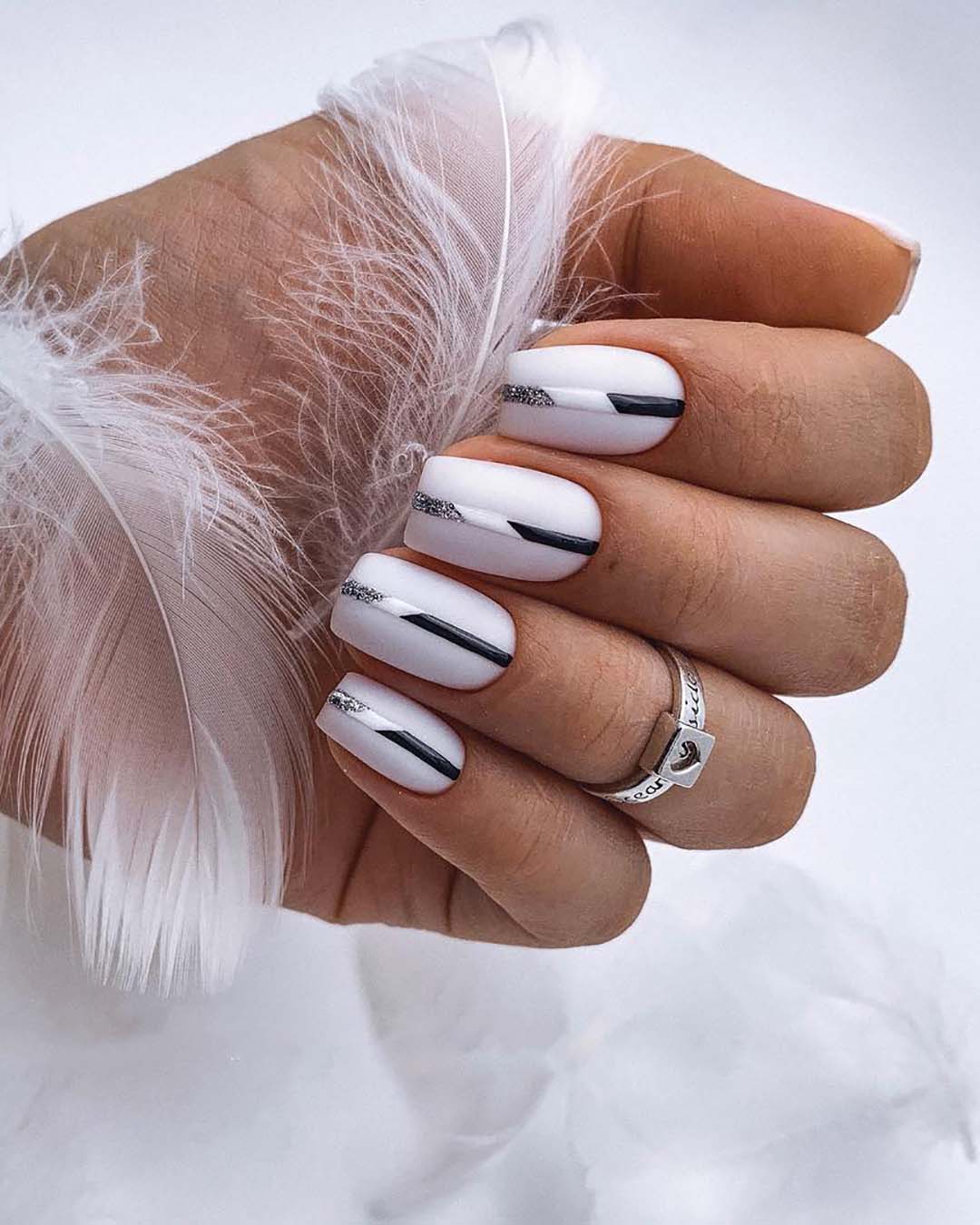 white nail designs wedding classy black stripes shabalina_nails