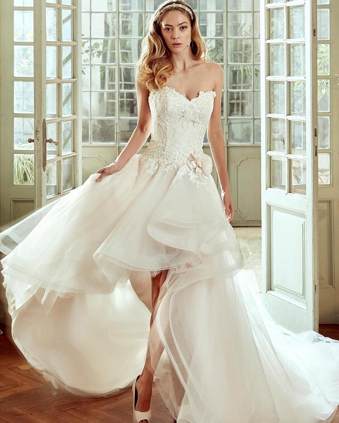 high low wedding dresses sweetheart strapless neckline lace tulle skirt nicole sposa