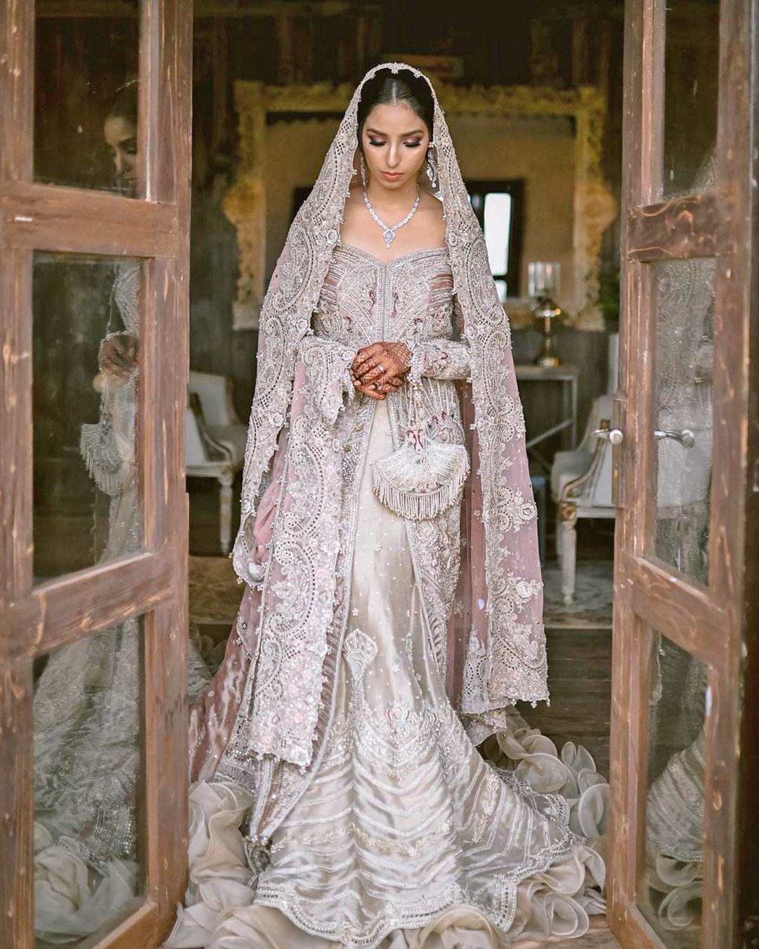 indian wedding dresses lace beaded jeweled silver lehenga sari oshoot