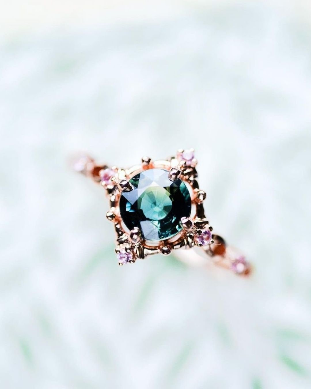 rose gold wedding rings with opal gems and pearls