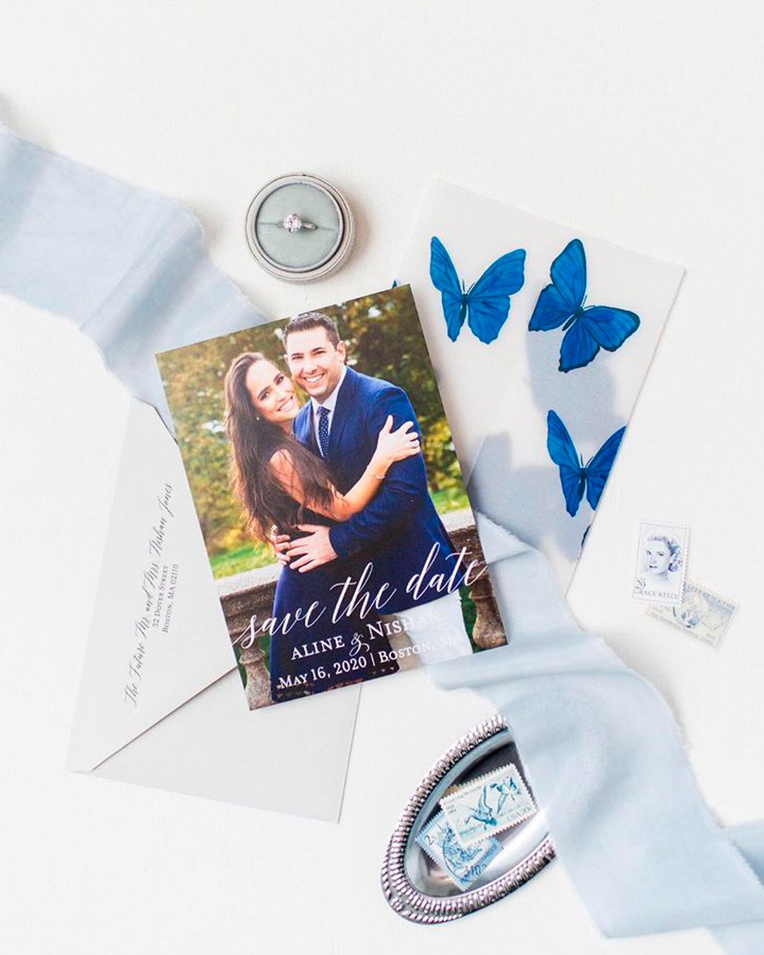 save the date wording blue white butterfly