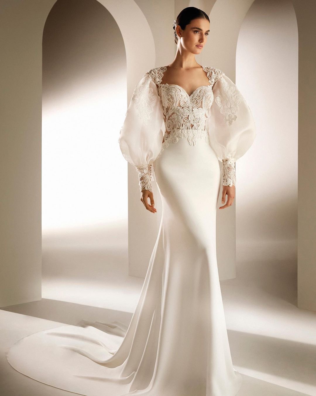 sweetheart neckline wedding dress fit and flare with long sleeves sexy pronovias