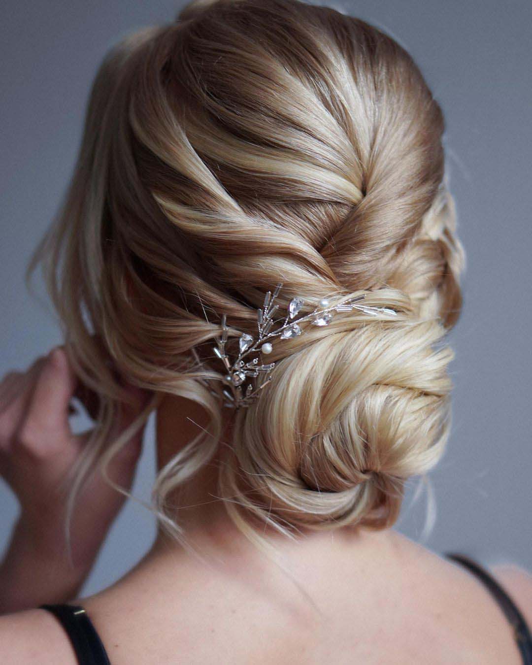 wedding hairstyles for medium hair low bun crystal pin martinajagr