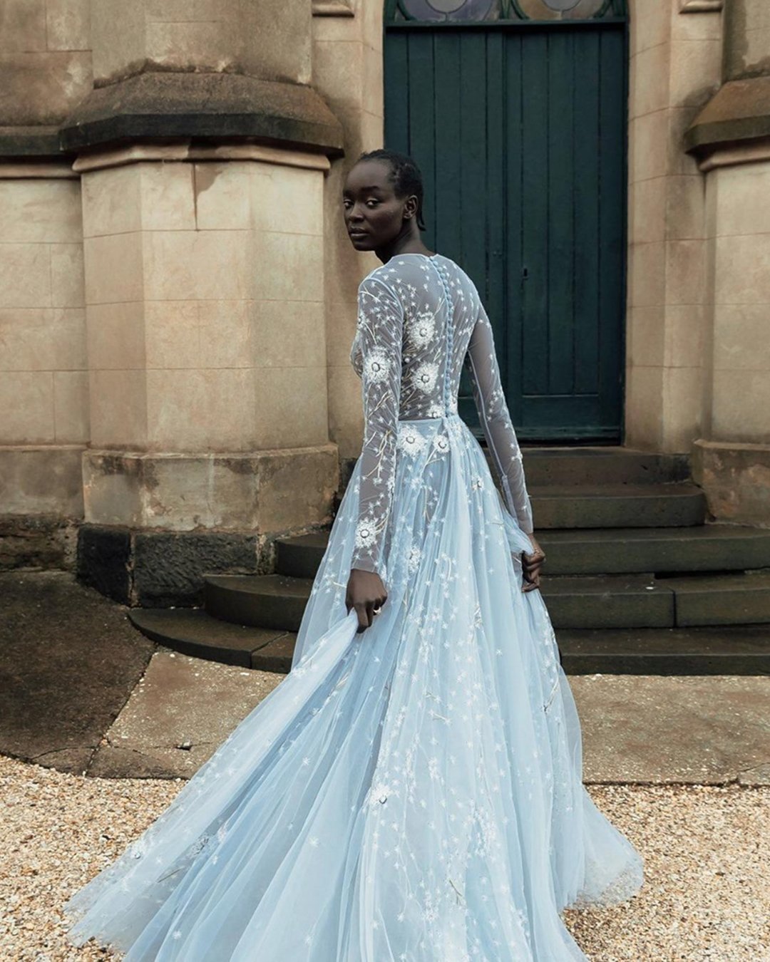 Blue Wedding Dresses A Line With Long Sleeves Floral Appliques Paolo Sebastian 