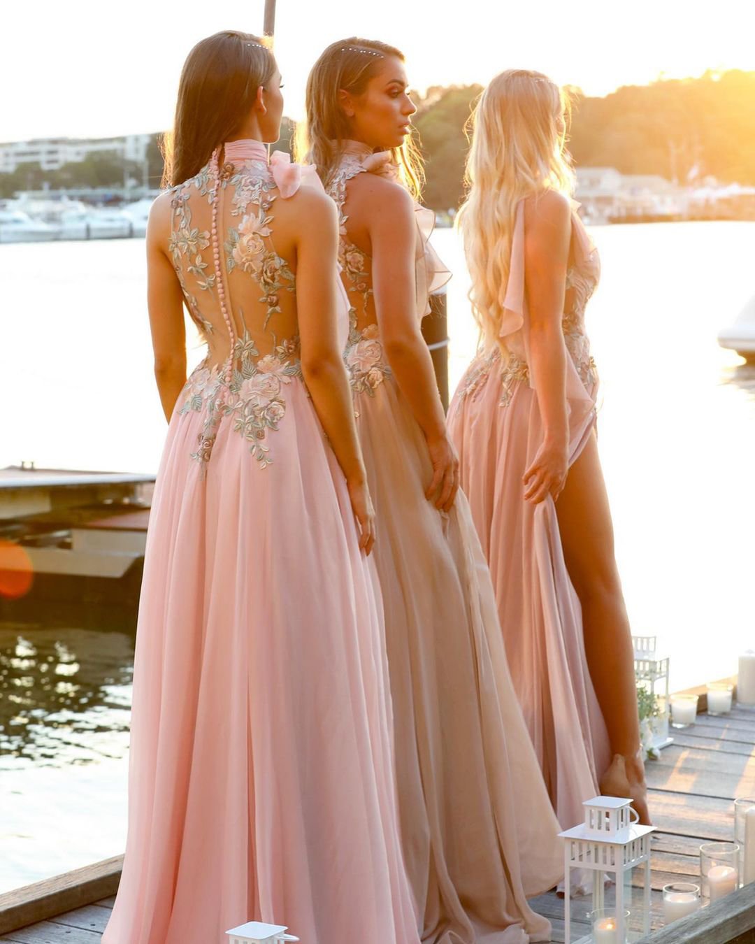 blush bridesmaid dresses long floral appliques romantic dollhousebridesmaids
