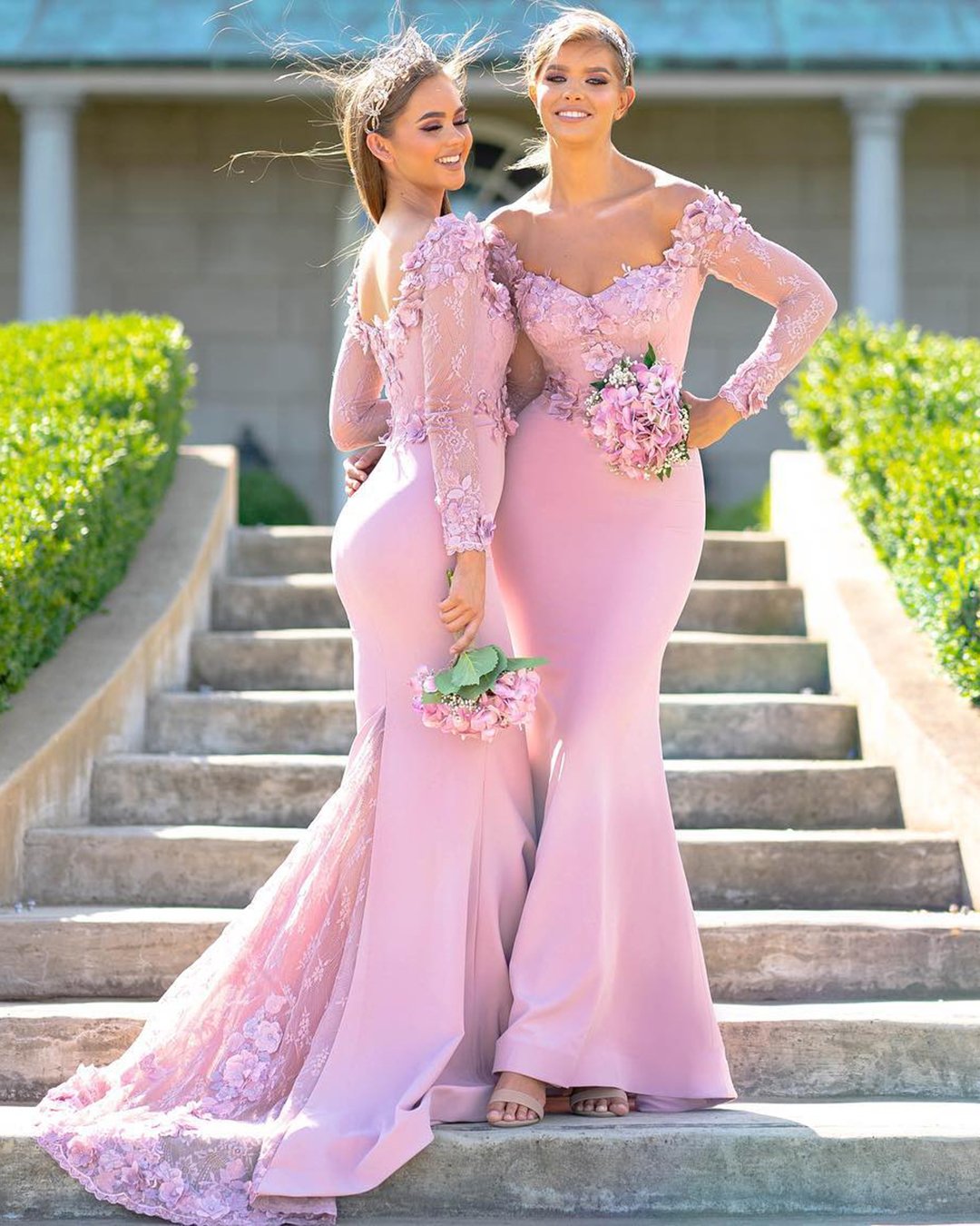blush bridesmaid dresses with sleeves lace floral pink dollhousebridesmaids