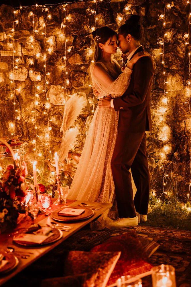 bohemian decor ideas bride groom backdrop string lights