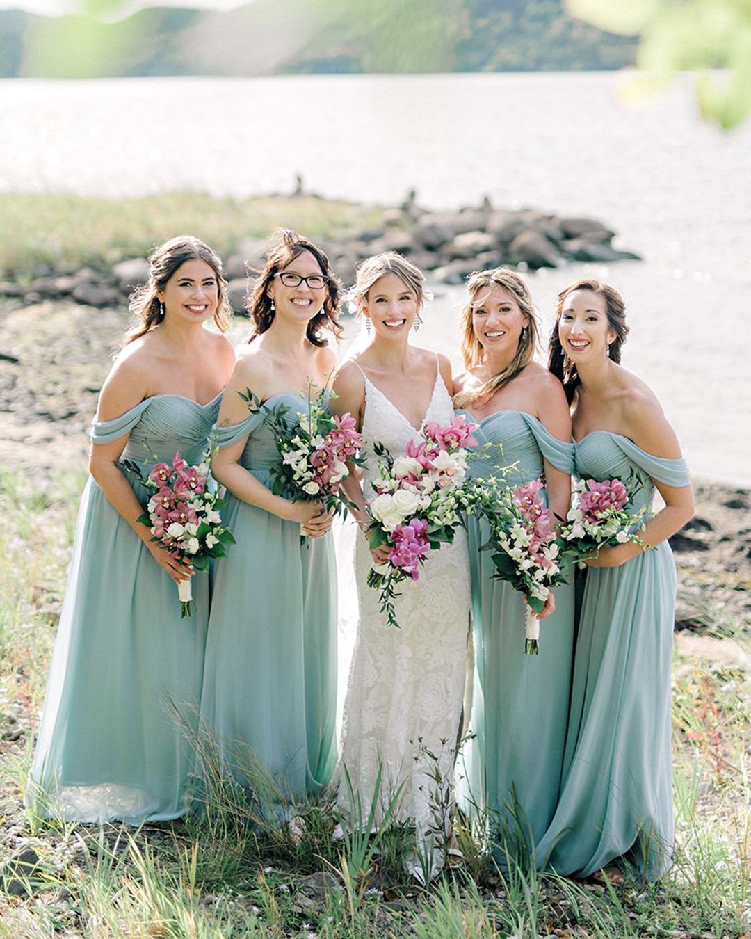 green bridesmaid dresses long off the shoulder rusti revelry