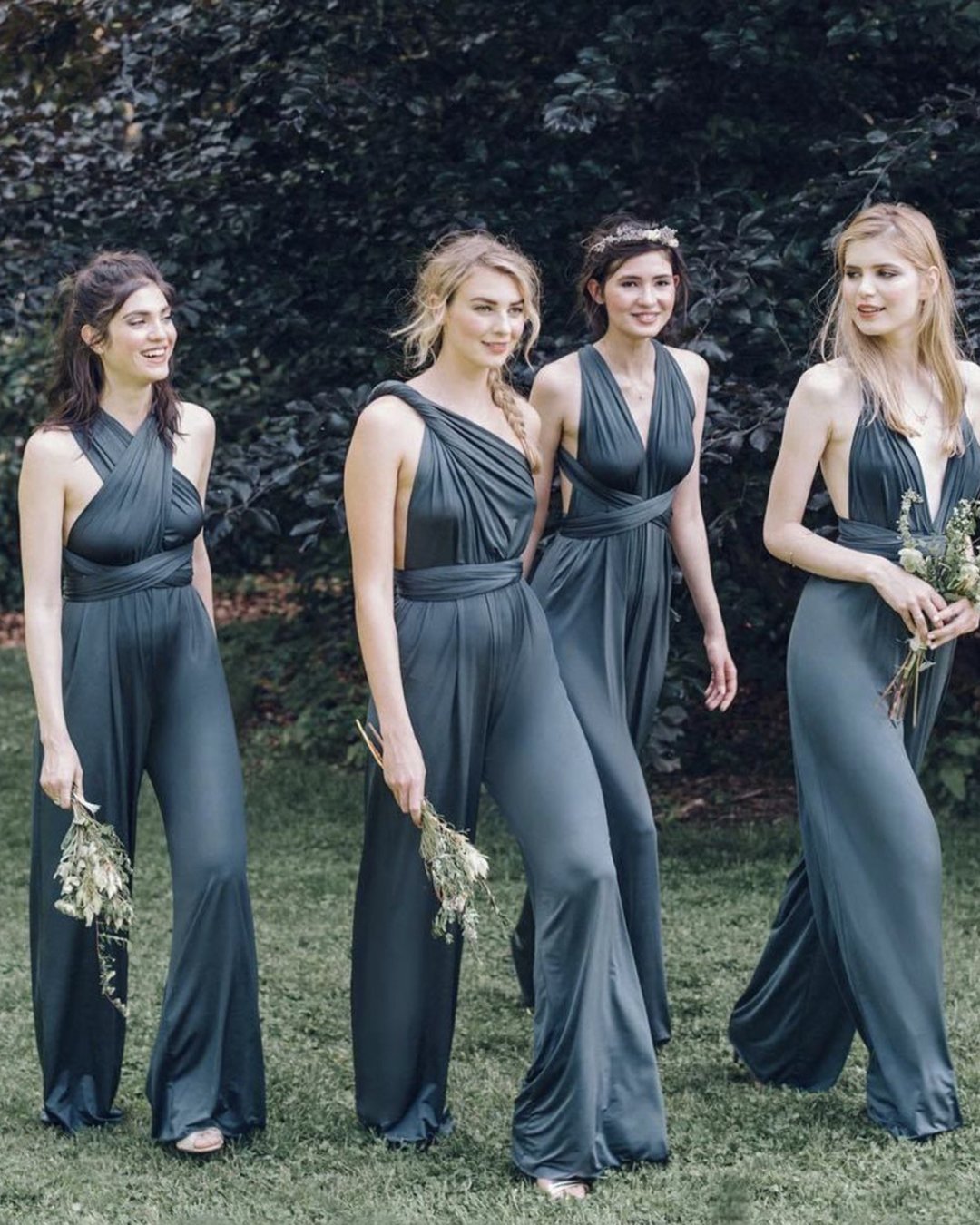 green bridesmaid dresses simple jumpsuits two birds