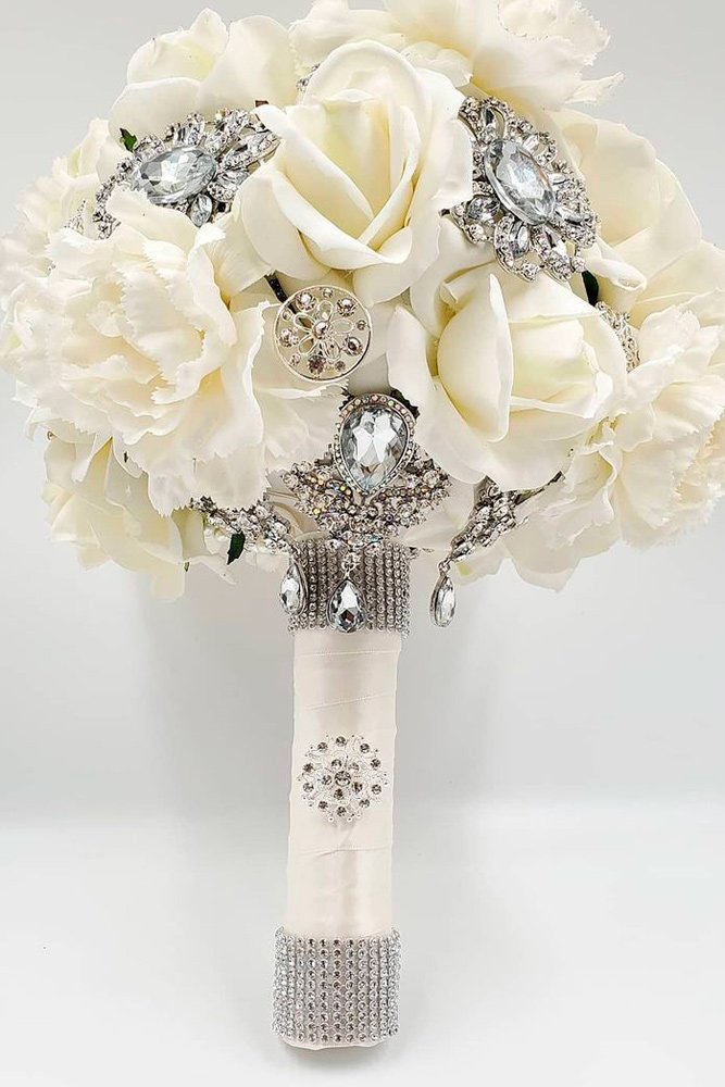 wedding brooch bouquet crystals gems white