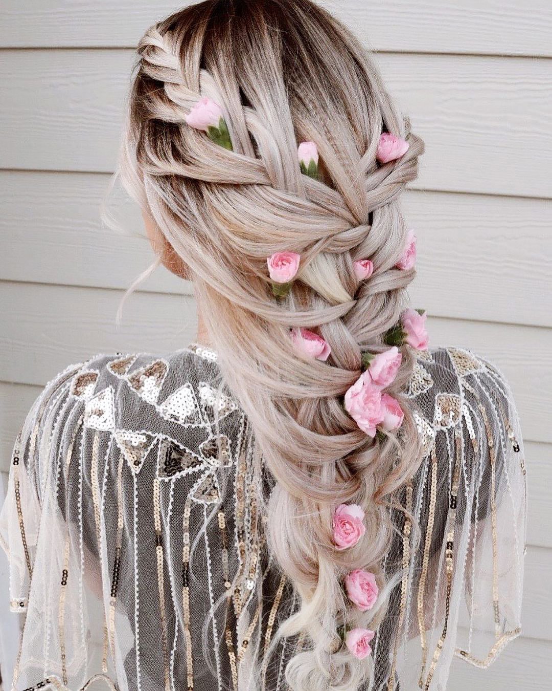 wedding hairstyles long mermaid braid with roses wb_upstyles