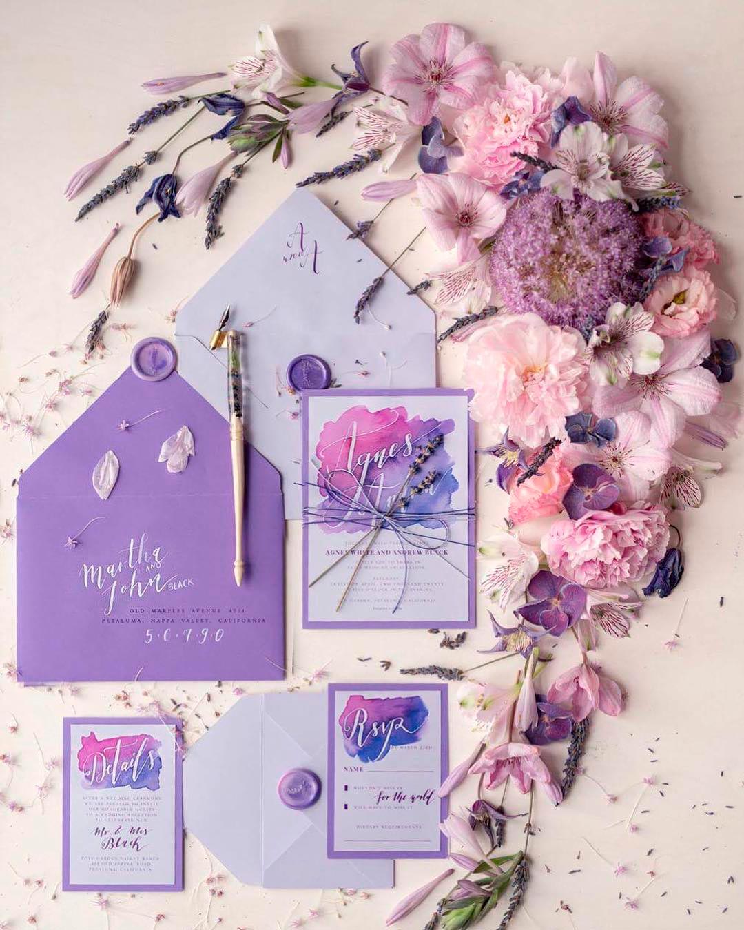 lavender wedding colors invitations stationery flowers