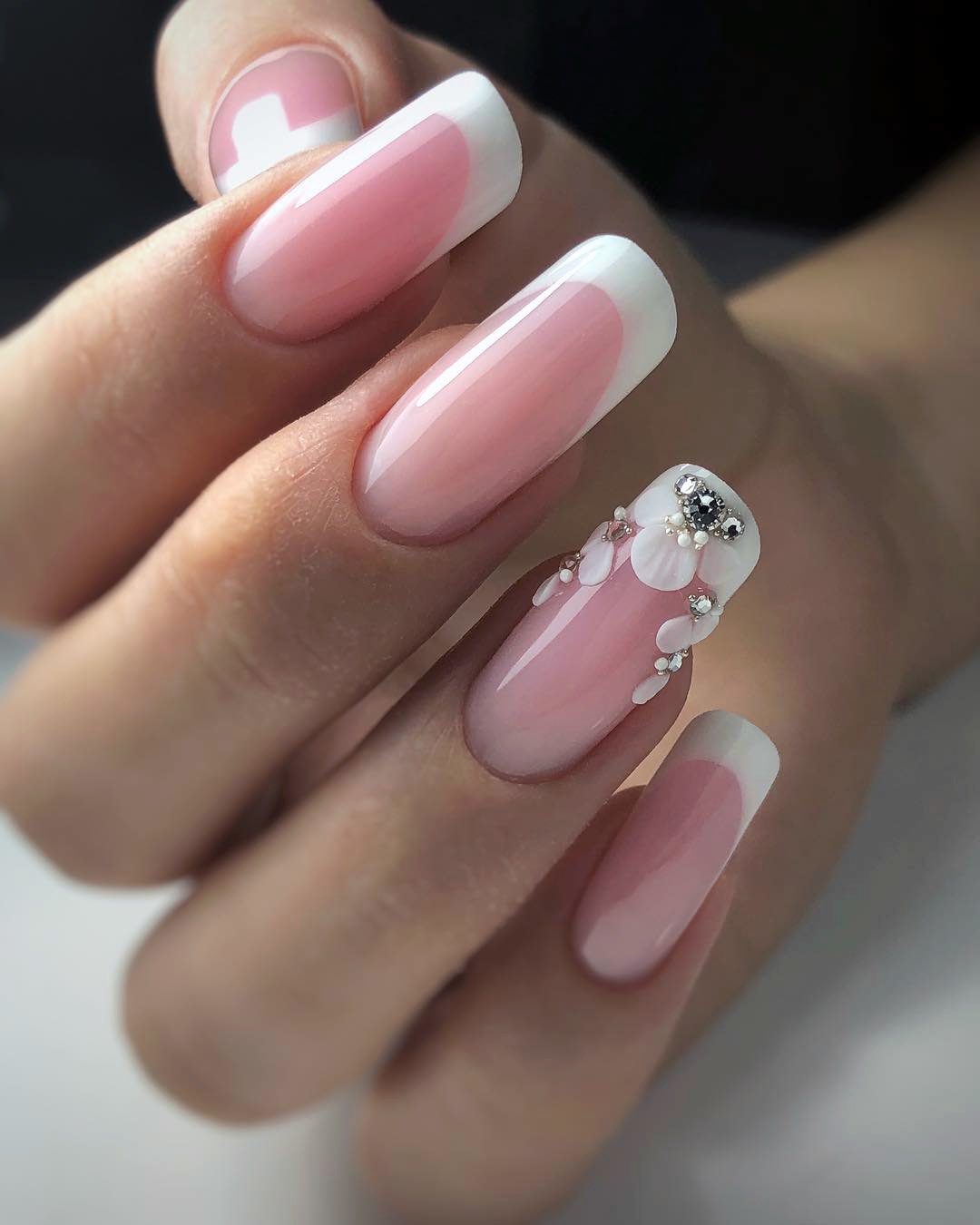 pink and white nails wedding long french with petals tatyana_kor
