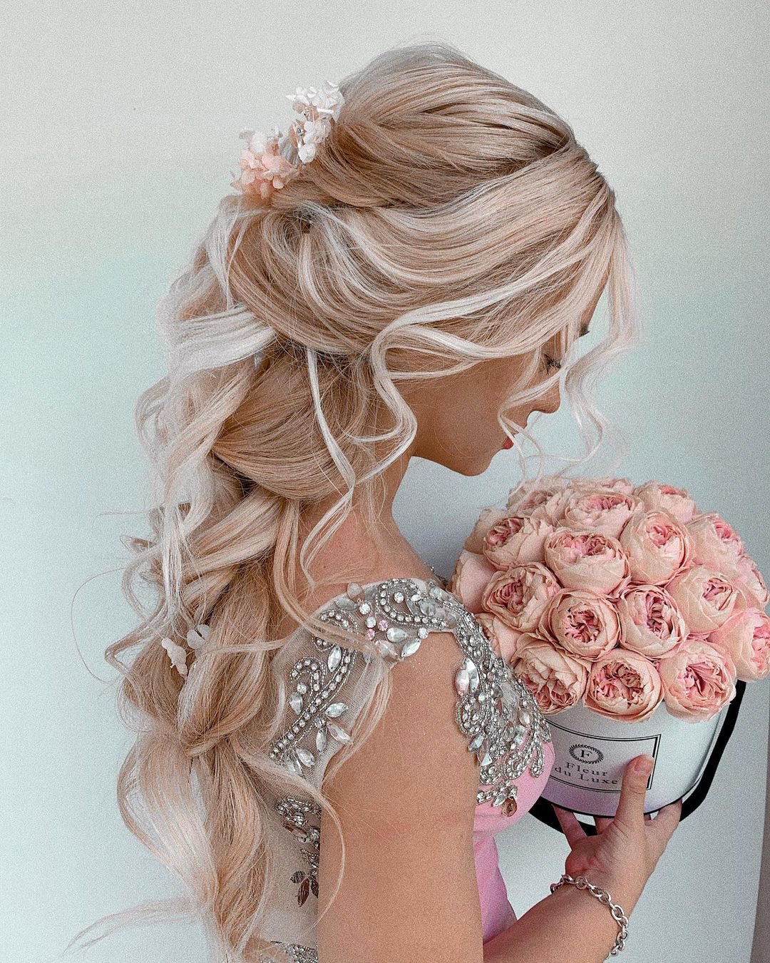 wedding hair trends long curly hair down with flowers ulyana.aster