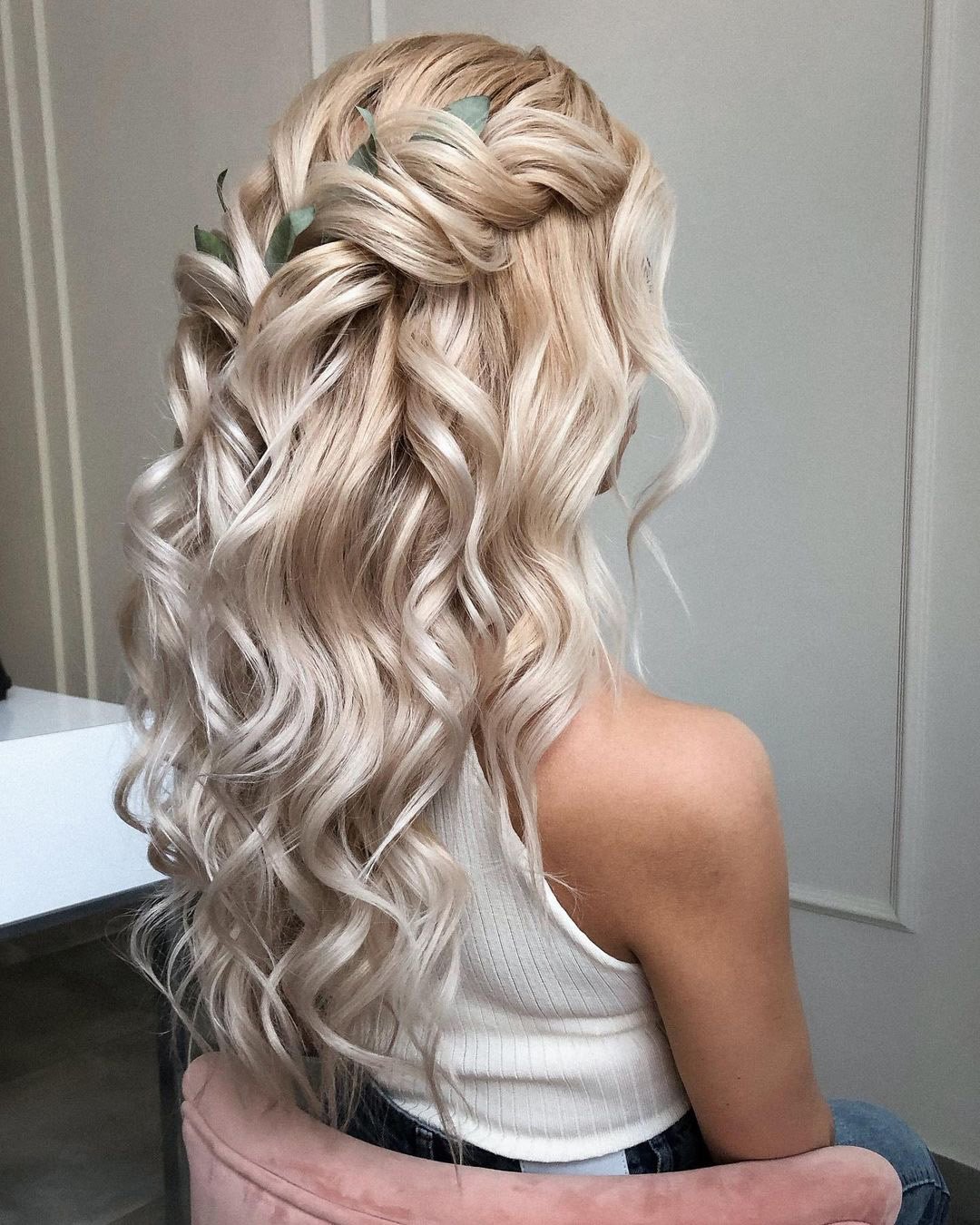 wedding hairstyles down volume blonde curls with greenery alexandra_poslavskaya